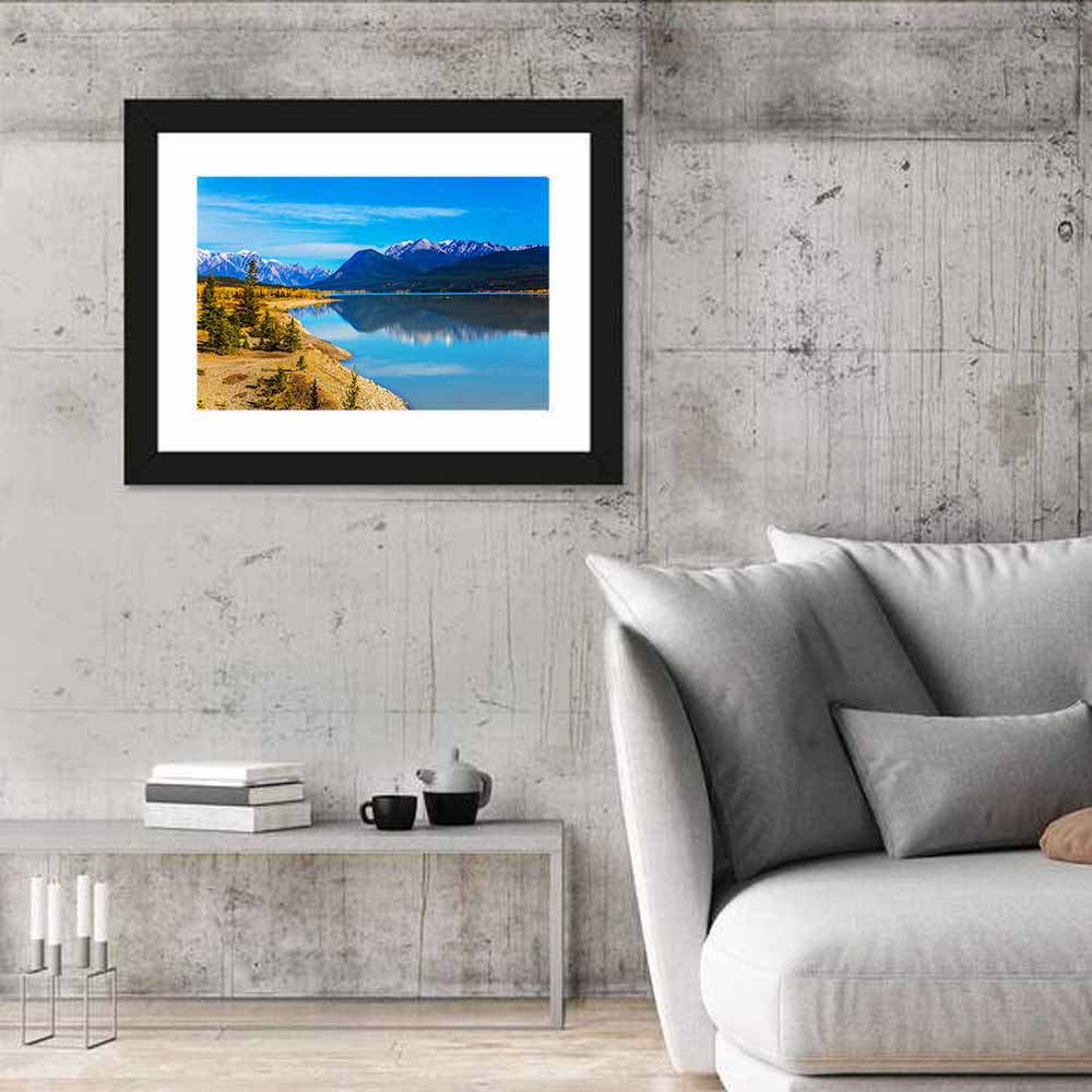 Abraham Lake Turquoise Reflection Wall Art in a room, landscape