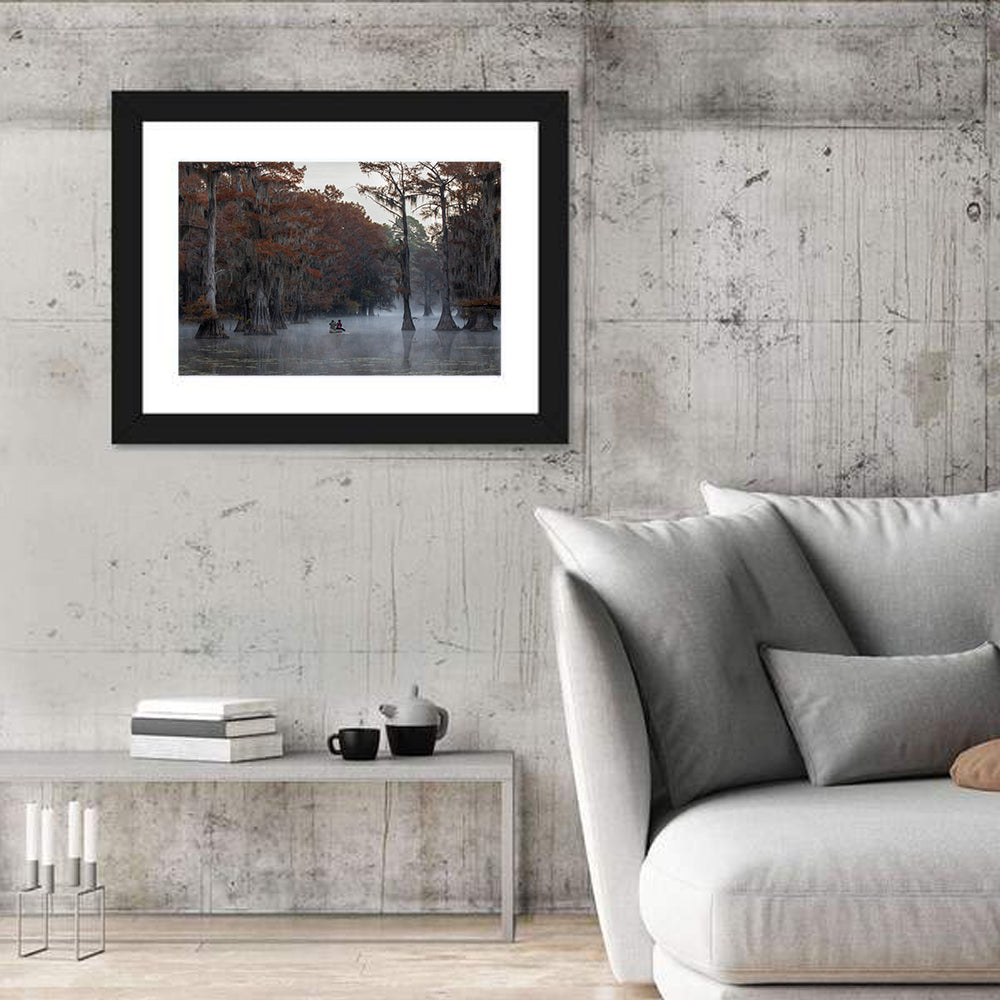 Caddo Lake Morning Mist Wall Art in a room, landscape