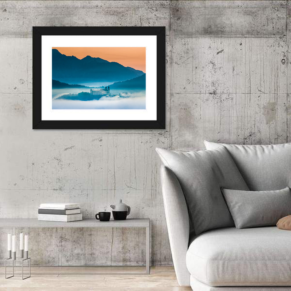Benediktbeuern Abbey in Morning Fog Wall Art in a room, landscape