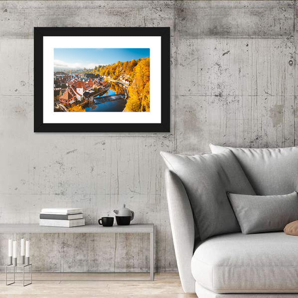 Český Krumlov River Weir in Autumn Wall Art in a room, landscape