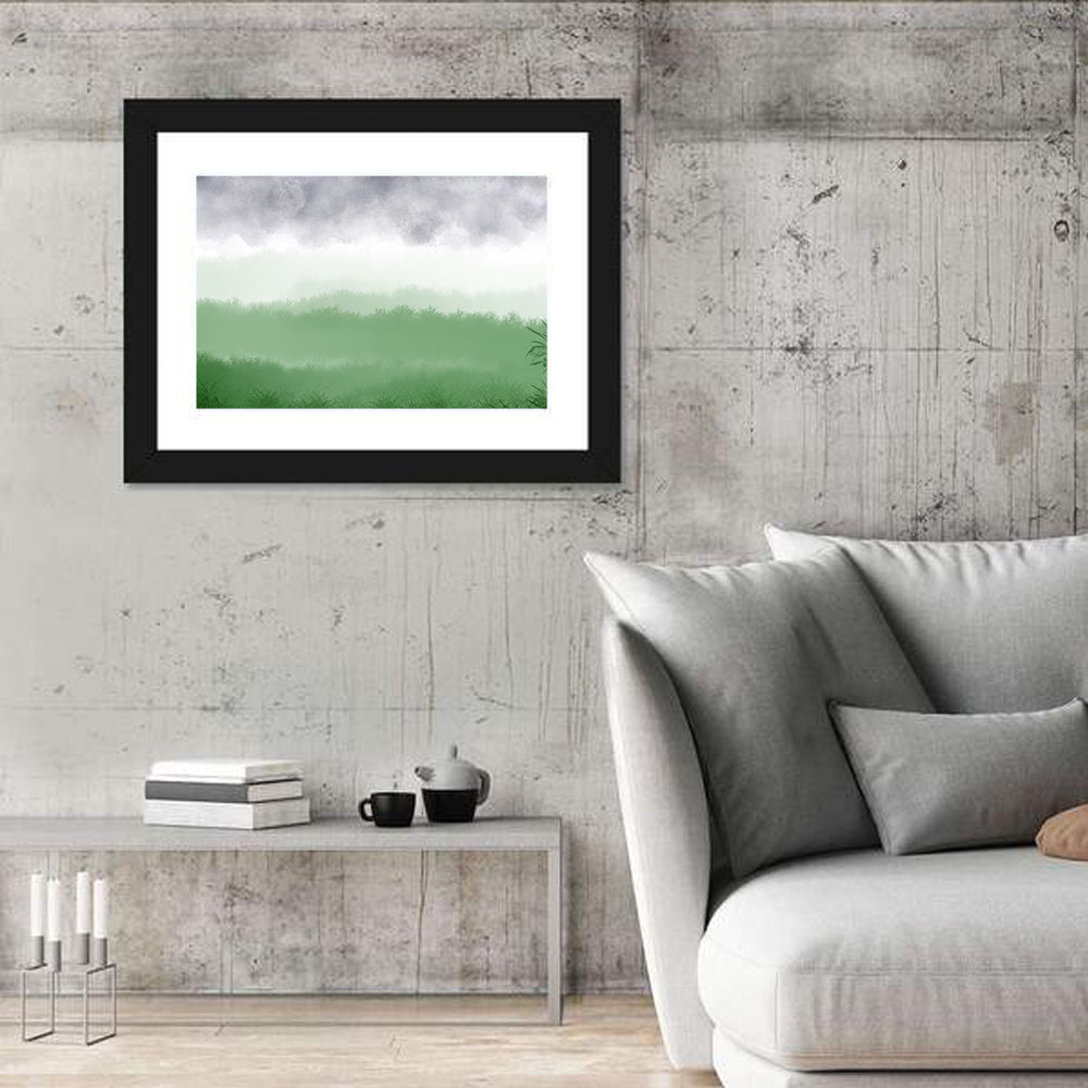 Misty Green Fields Wall Art in a room, landscape