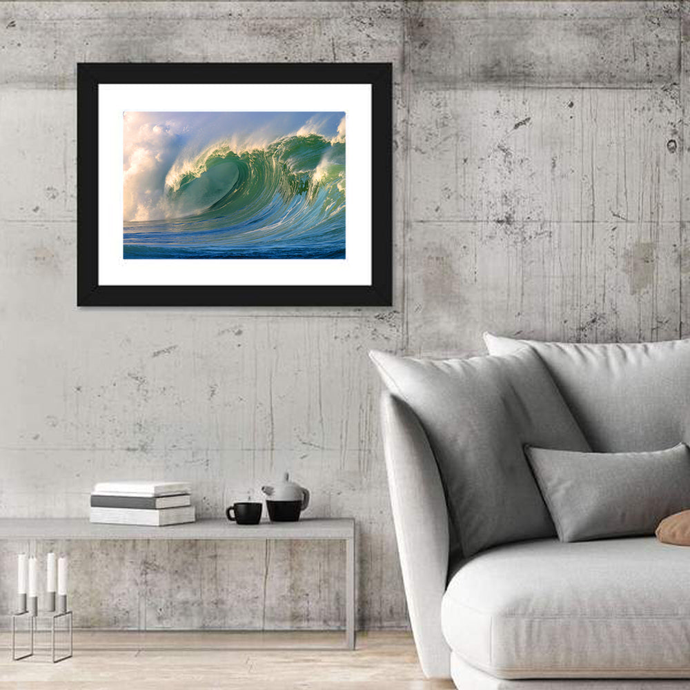 Golden Hour Barrel Wave Wall Art in a room, landscape