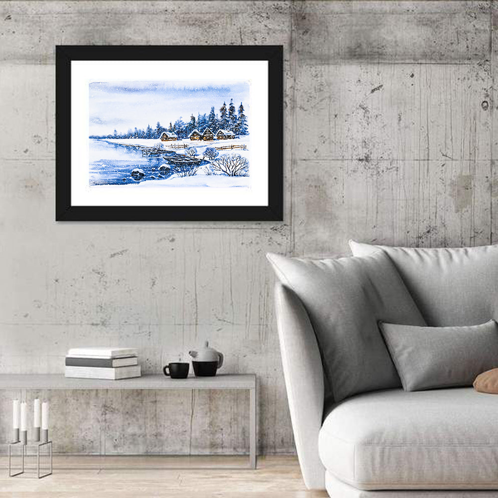 Snowy Village by Frozen Lake Wall Art in a room, landscape