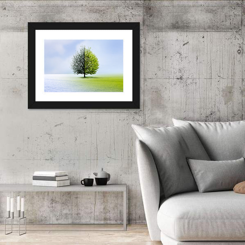 Winter to Spring Tree Wall Art in a room, landscape