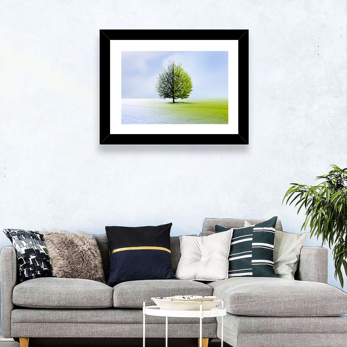 Winter to Spring Tree Wall Art in a room, landscape