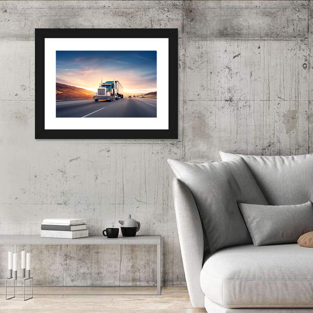 Semi Truck Highway Sunset Wall Art
