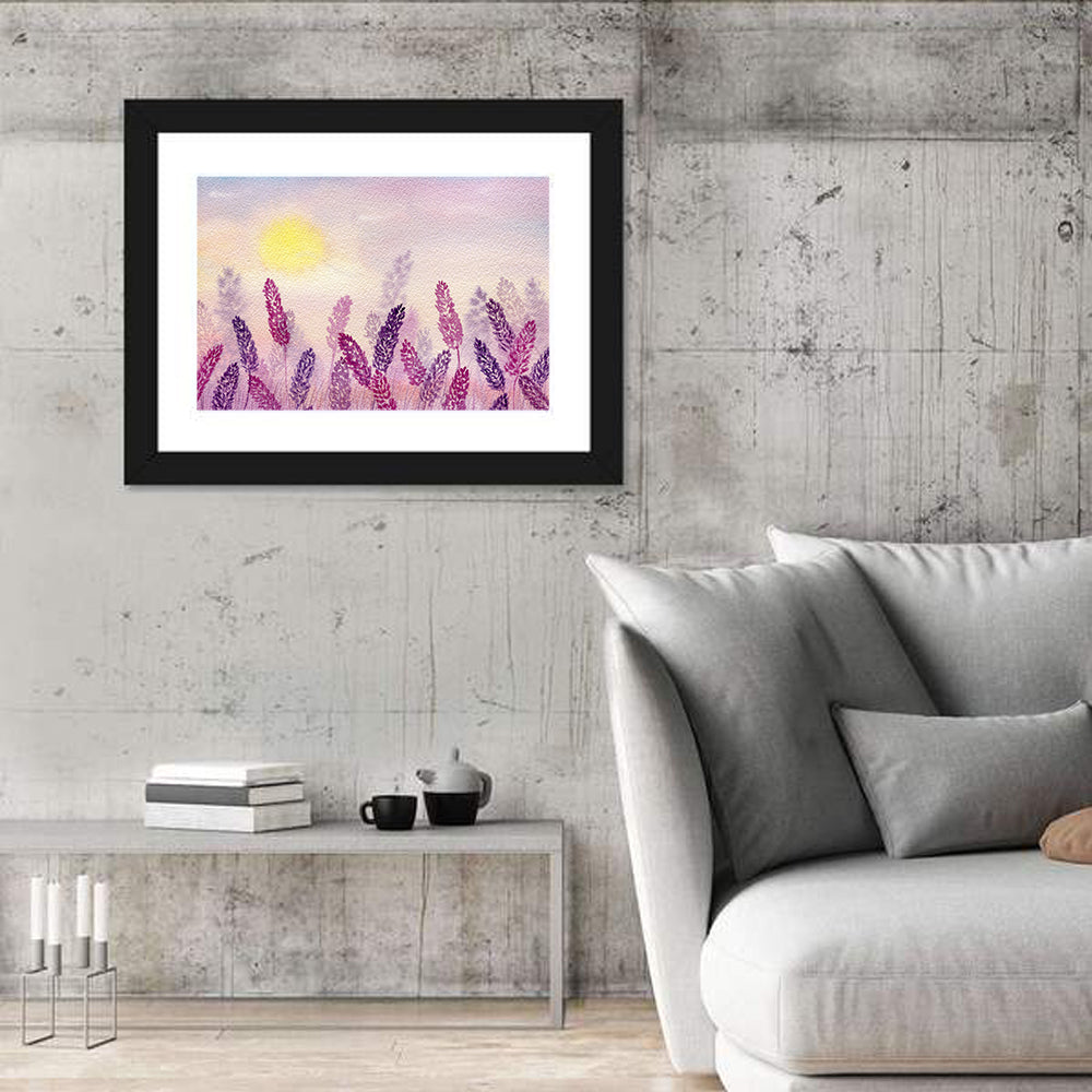 Sunlit Lavender Field Wall Art in a room, landscape