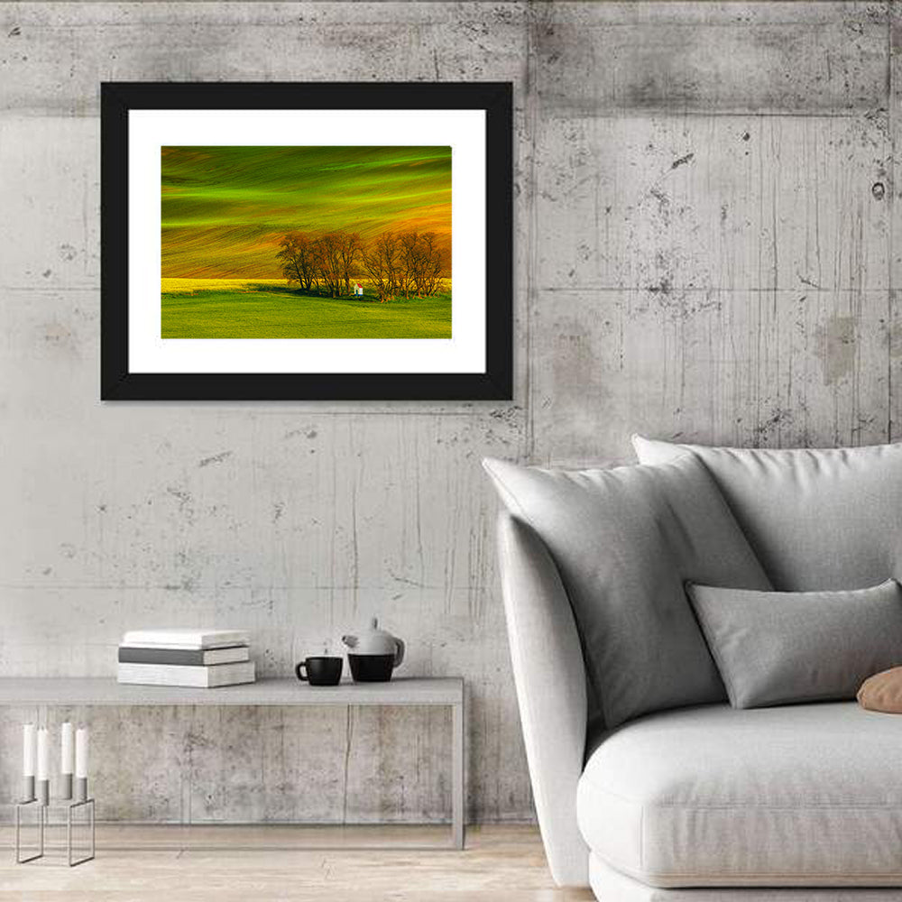 Moravian Wheat Fields with Chapel Wall Art in a room, landscape
