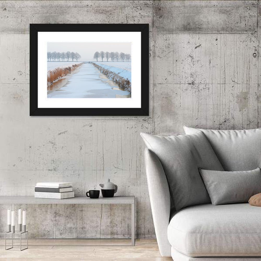 Frozen Canal with Bare Trees Wall Art in a room, landscape