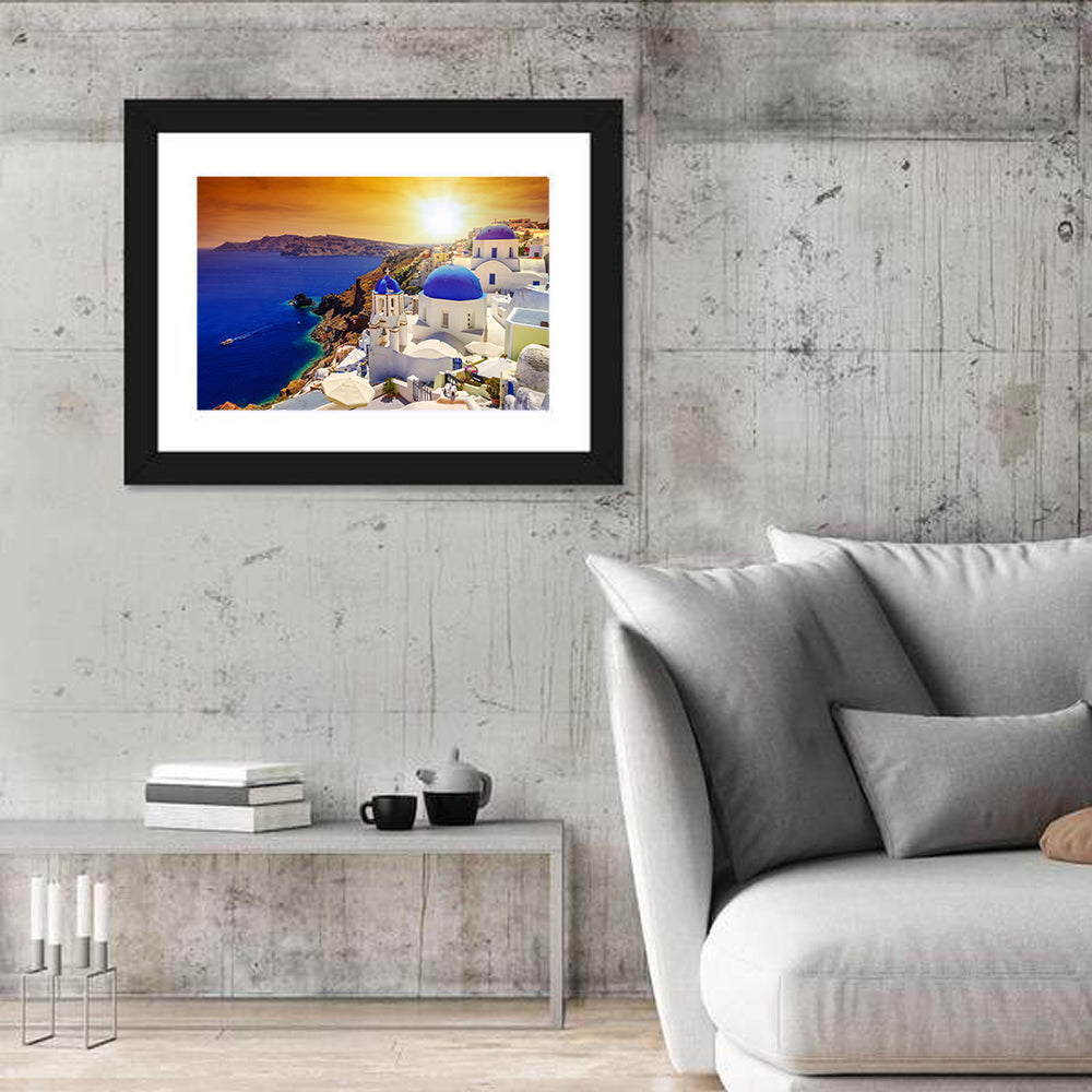 Sunset Over Oia Wall Art in a room, landscape