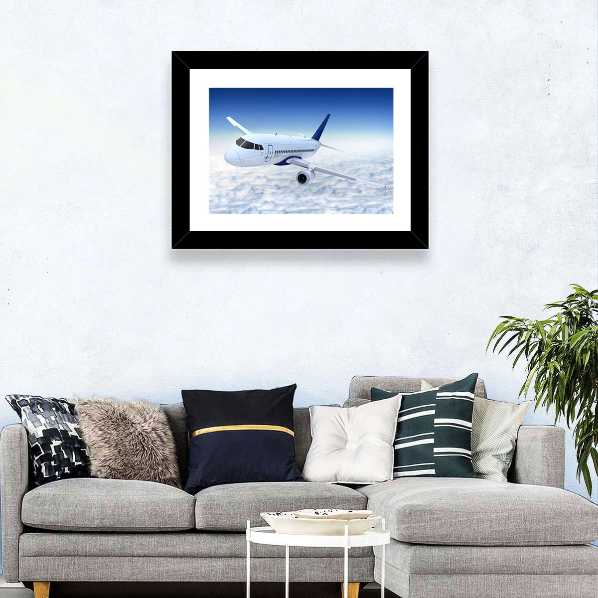 Commercial Jet Above Clouds Wall Art