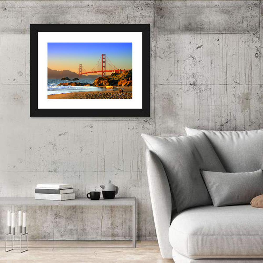 Golden Hour at the Golden Gate Bridge Wall Art in a room, landscape