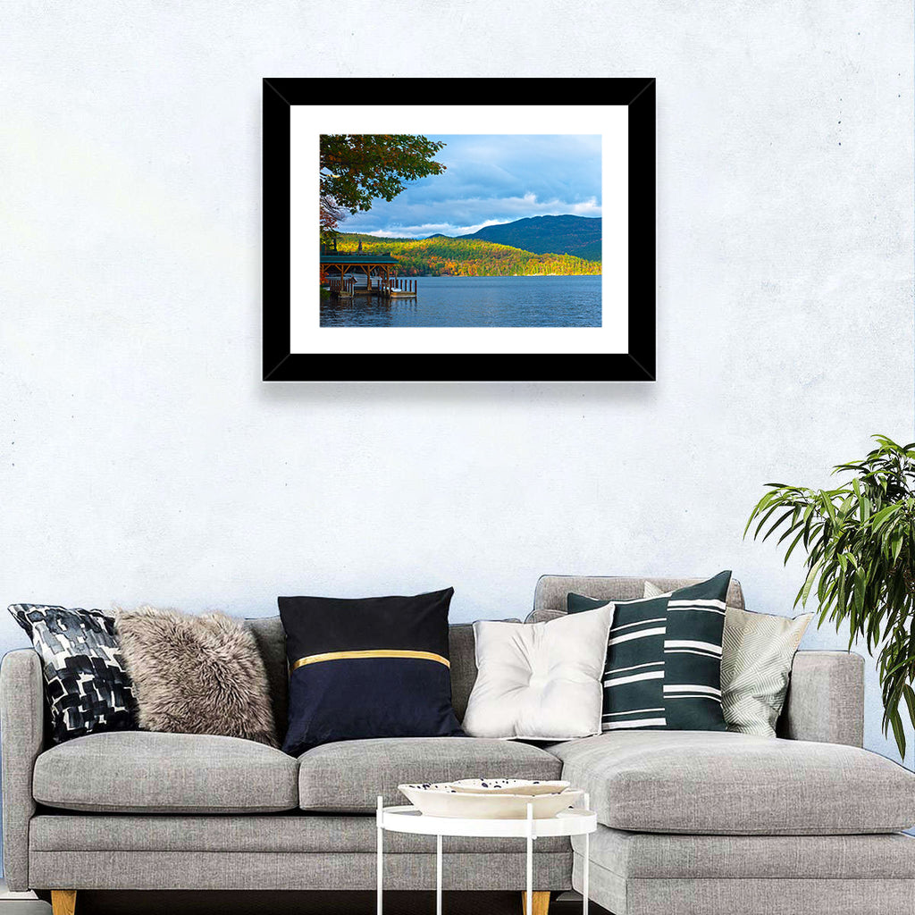 Lake George Boathouse in Autumn Wall Art