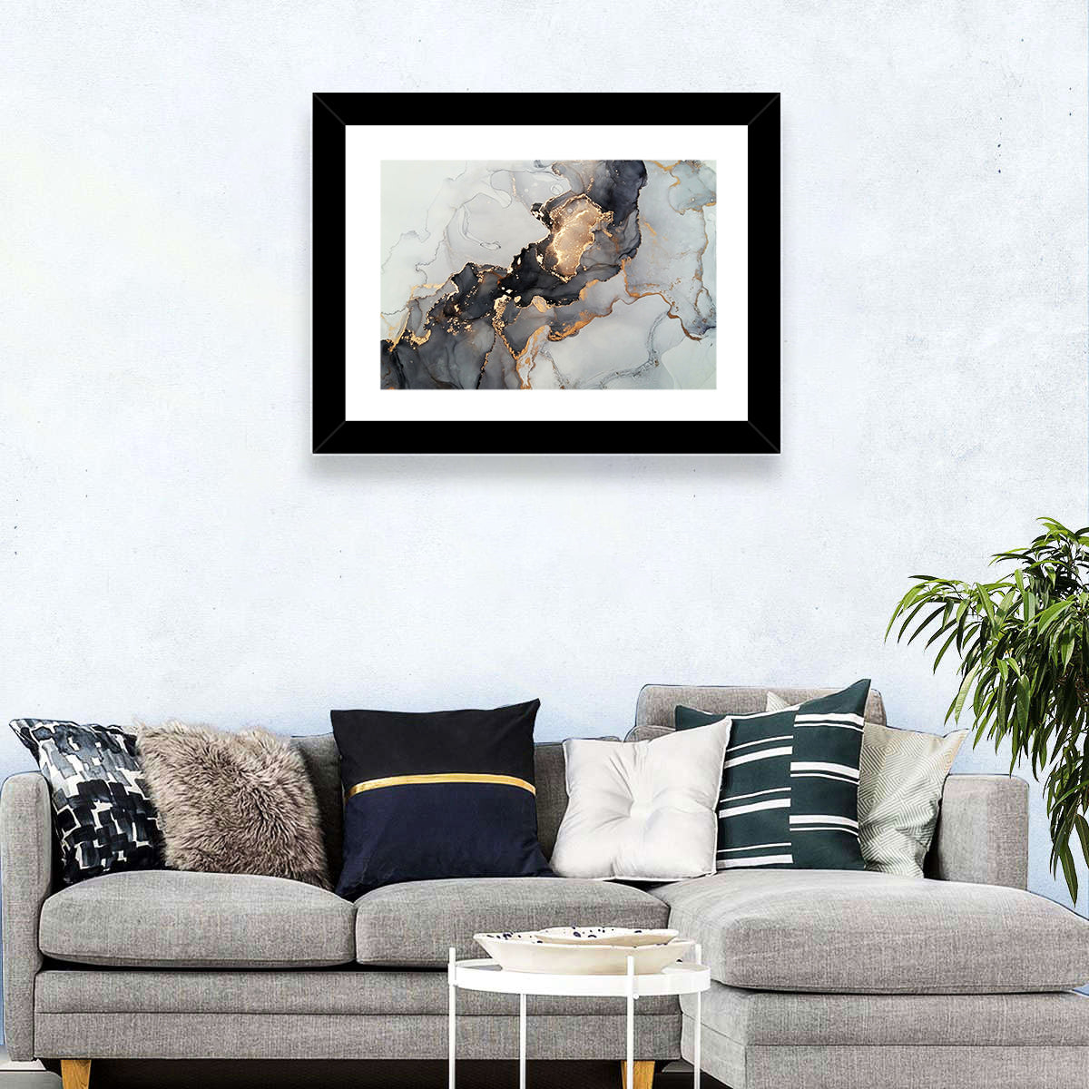 Black Fire Marble Abstract Wall Art in a room, landscape