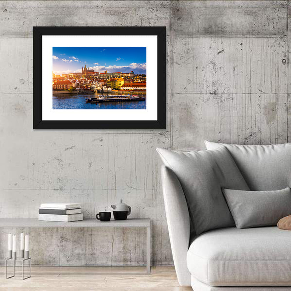 Prague Castle Golden Hour River View Wall Art in a room, landscape