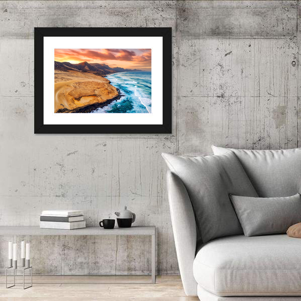 Playa Veril Manso Sunset Seascape Wall Art in a room, landscape