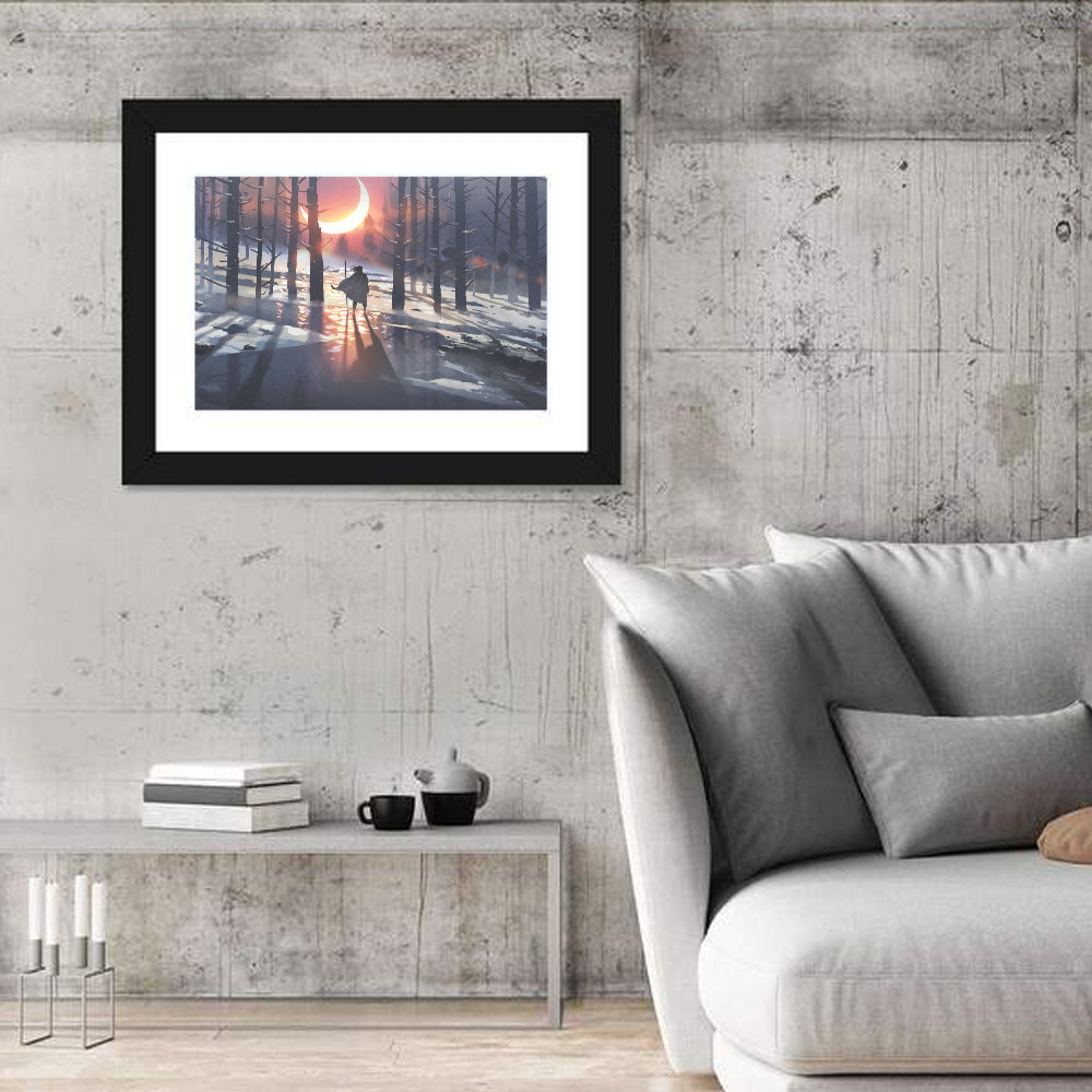 Lone Traveler in Winter Forest Wall Art in a room, landscape