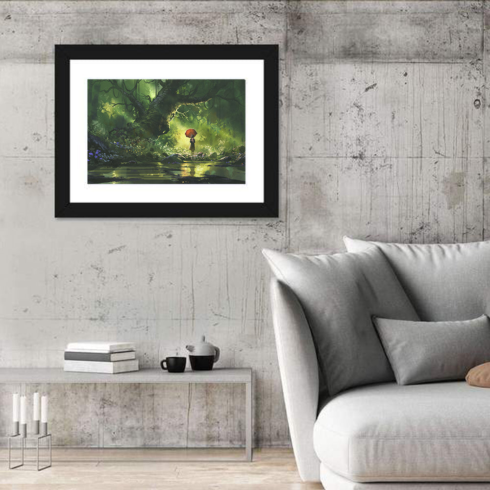Girl with Umbrella in Mysterious Forest Wall Art