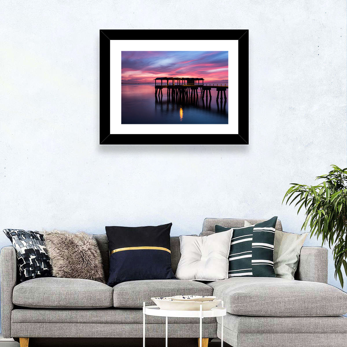 Jekyll Island Dusk Pier Wall Art in a room, landscape