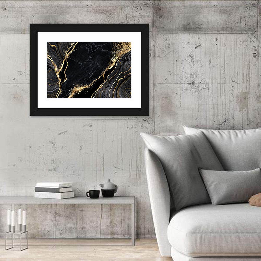 Gold Glitter Black Marble Abstract Wall Art