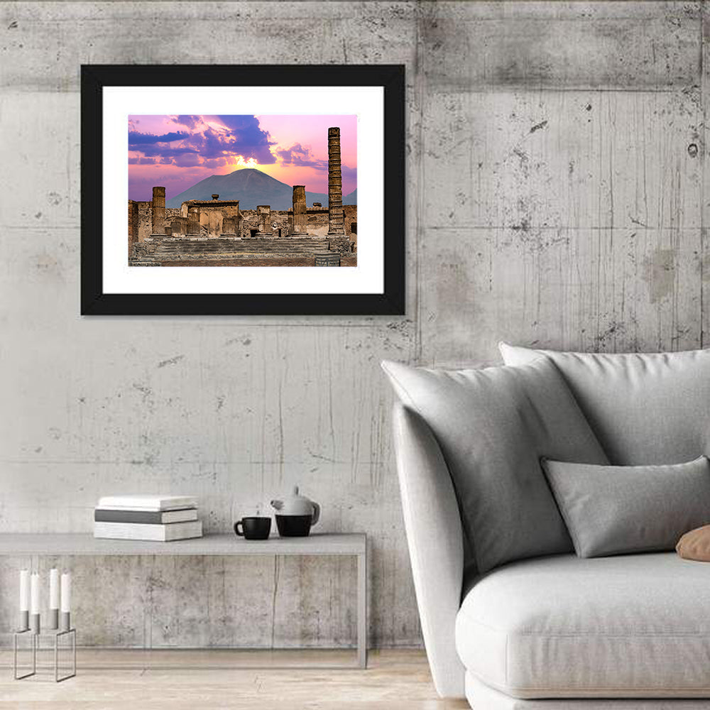 Pompeii Columns at Sunset, Mount Vesuvius Wall Art in a room, landscape