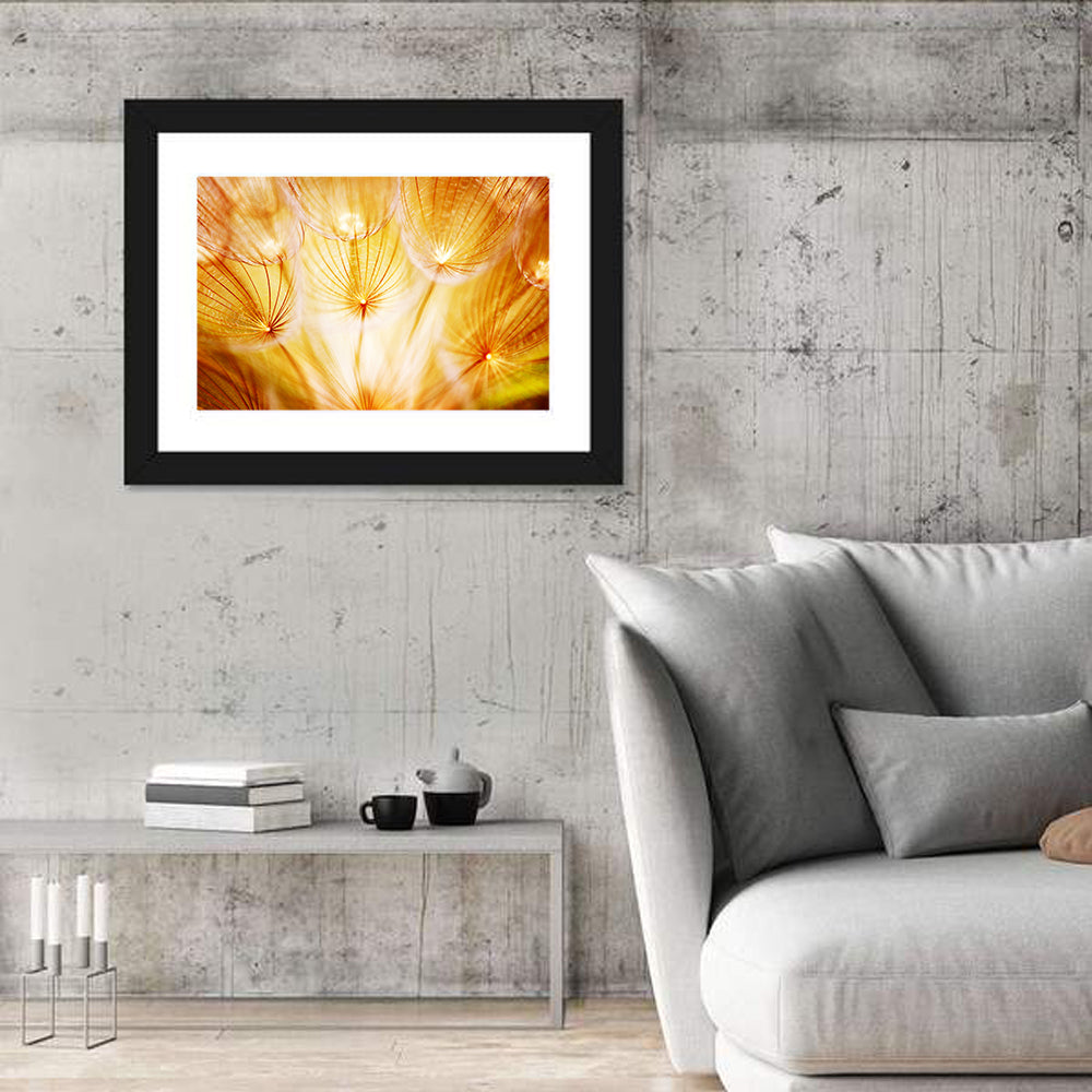 Golden Hour Dandelion Seed Macro Abstract Wall Art in a room, landscape