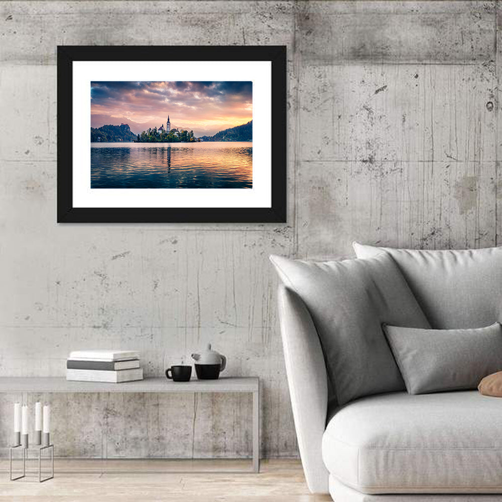 Golden Hour at Bled Island Wall Art in a room, landscape