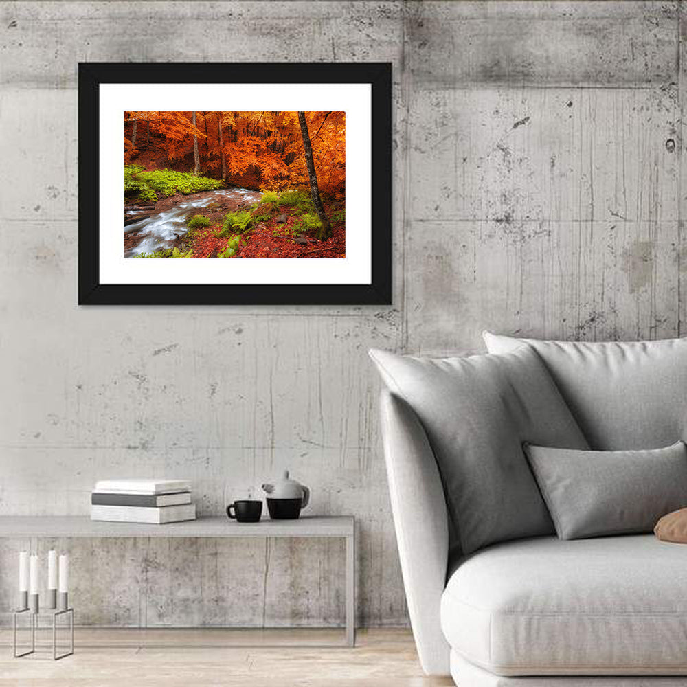 Autumn Forest Stream Wall Art in a room, landscape
