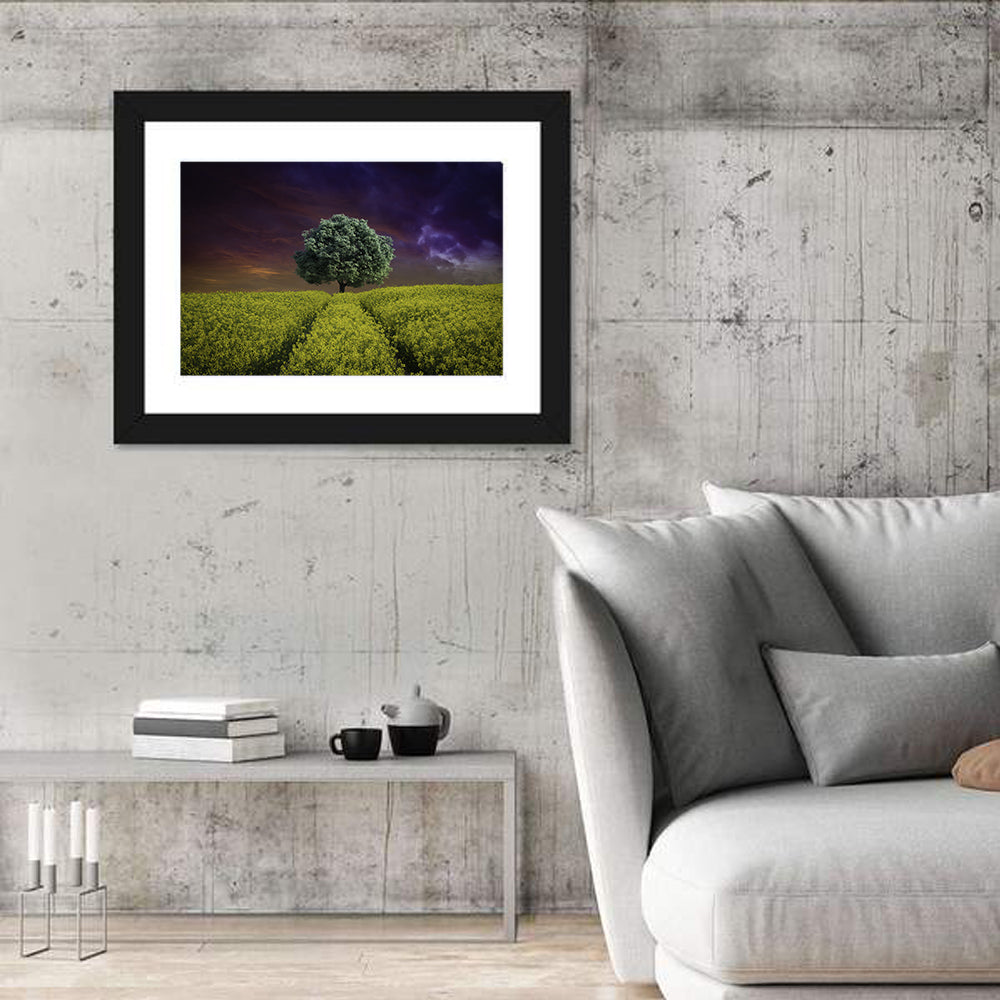 Solitary Tree in Yellow Field Wall Art in a room, landscape