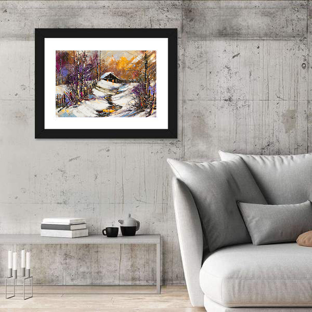 Snowy Path to Cabin Wall Art in a room, landscape
