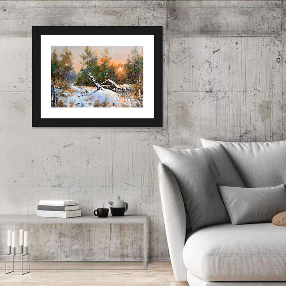Winter Forest Path with Cabin Wall Art in a room, landscape