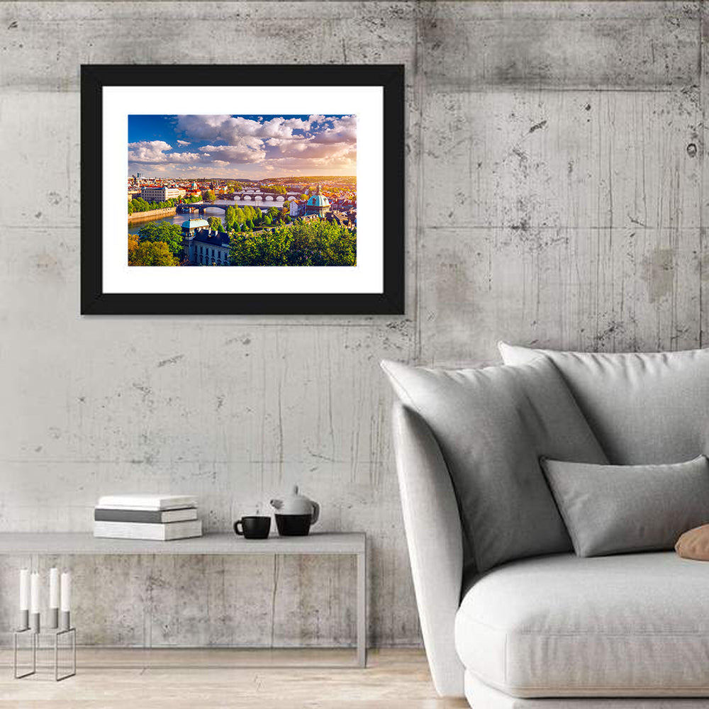 Prague Golden Hour Over Charles Bridge Wall Art in a room, landscape