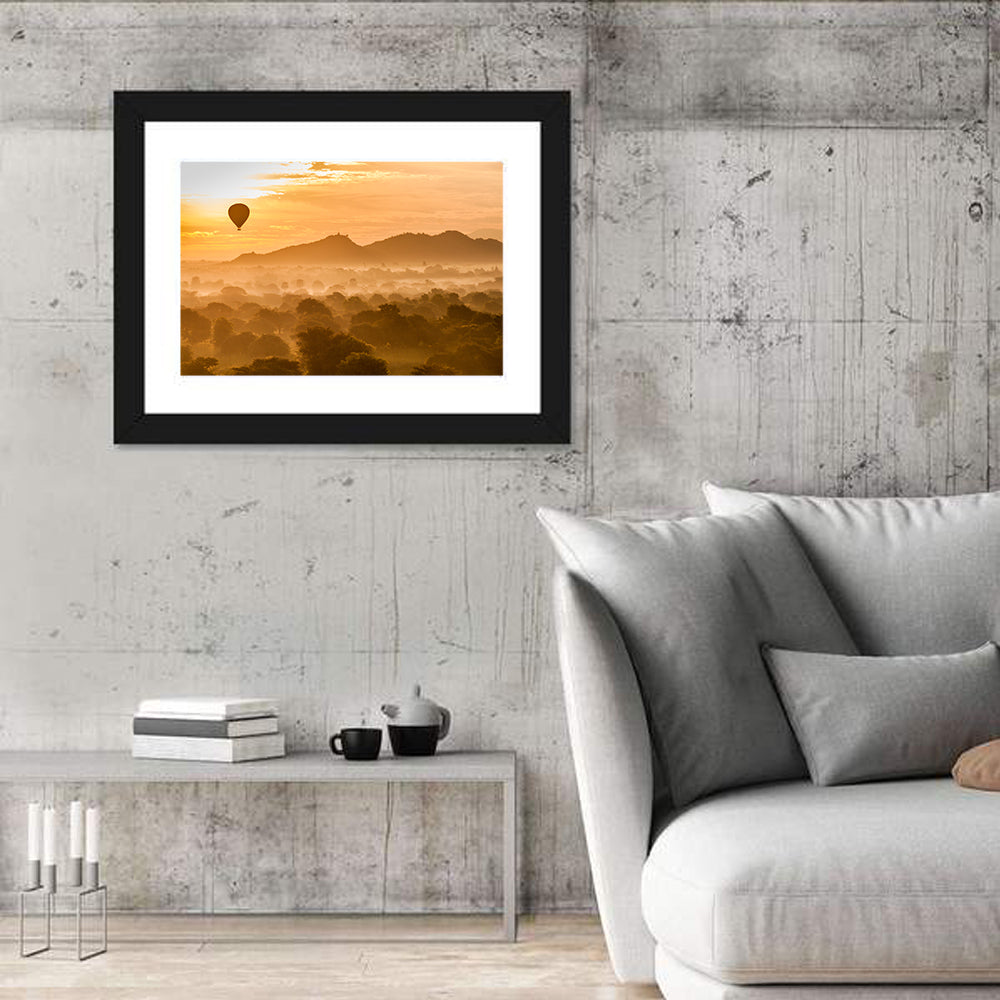Hot Air Balloon Over Old Bagan Wall Art in a room, landscape