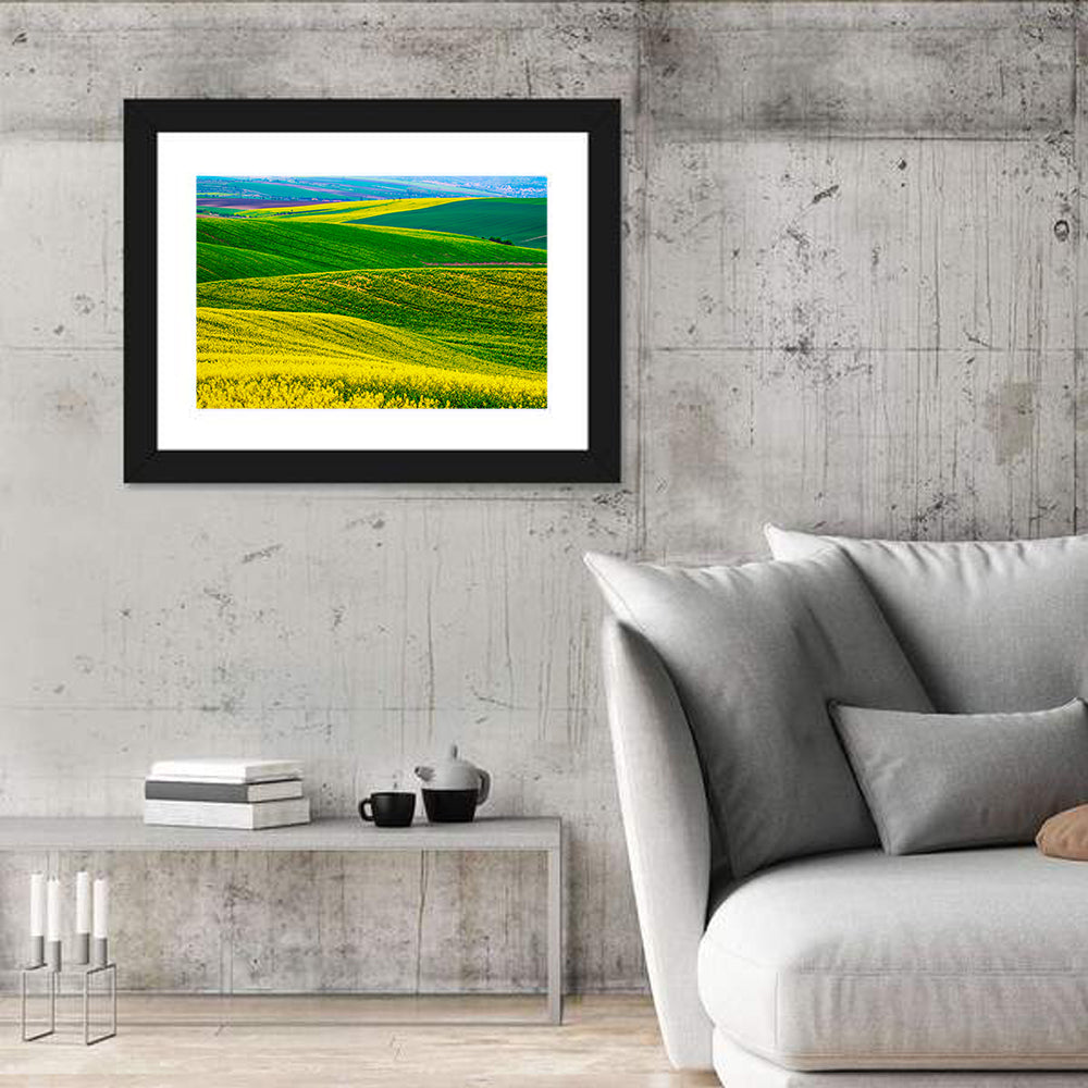 Spring Rapeseed Fields Wall Art in a room, landscape