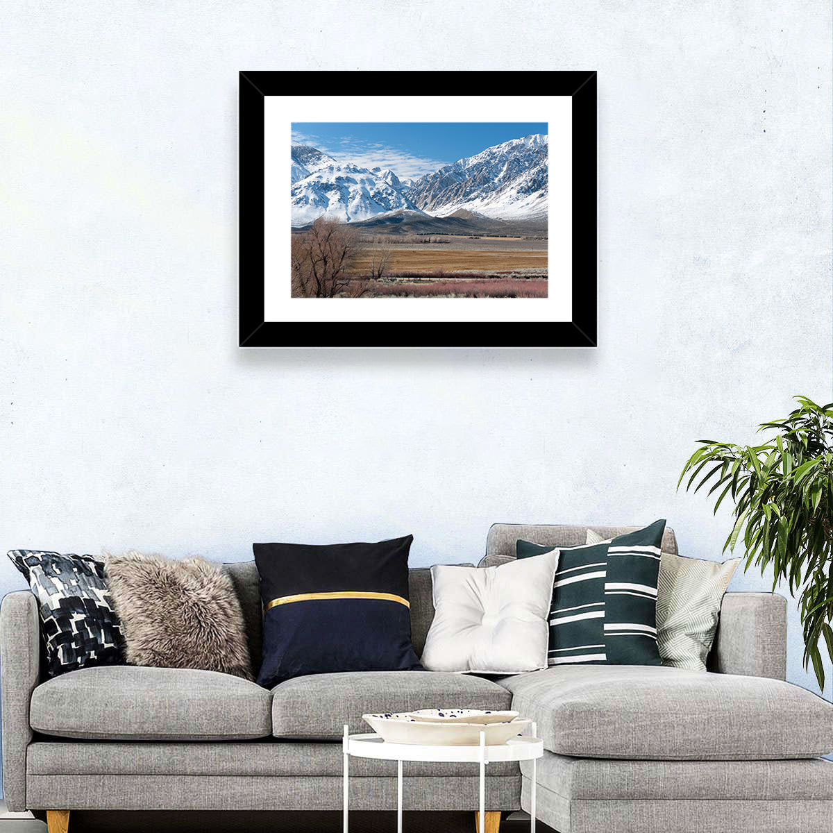 Eastern Sierra Winter Peaks Wall Art in a room, landscape
