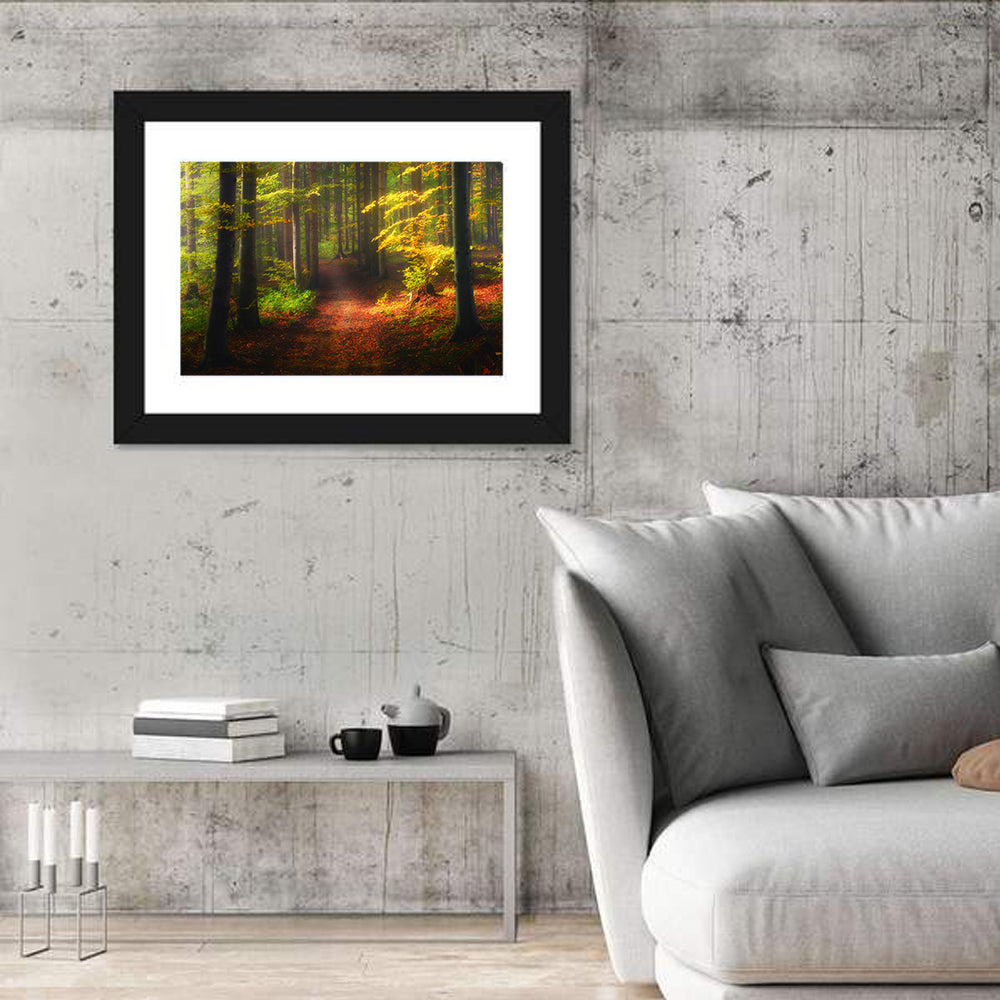 Autumn Forest Pathway Wall Art in a room, landscape