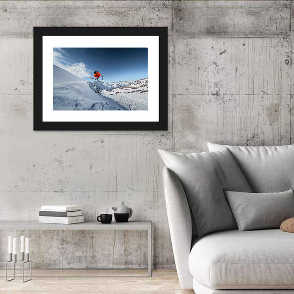Airborne Skier Over Snowy Mountains Wall Art in a room, landscape