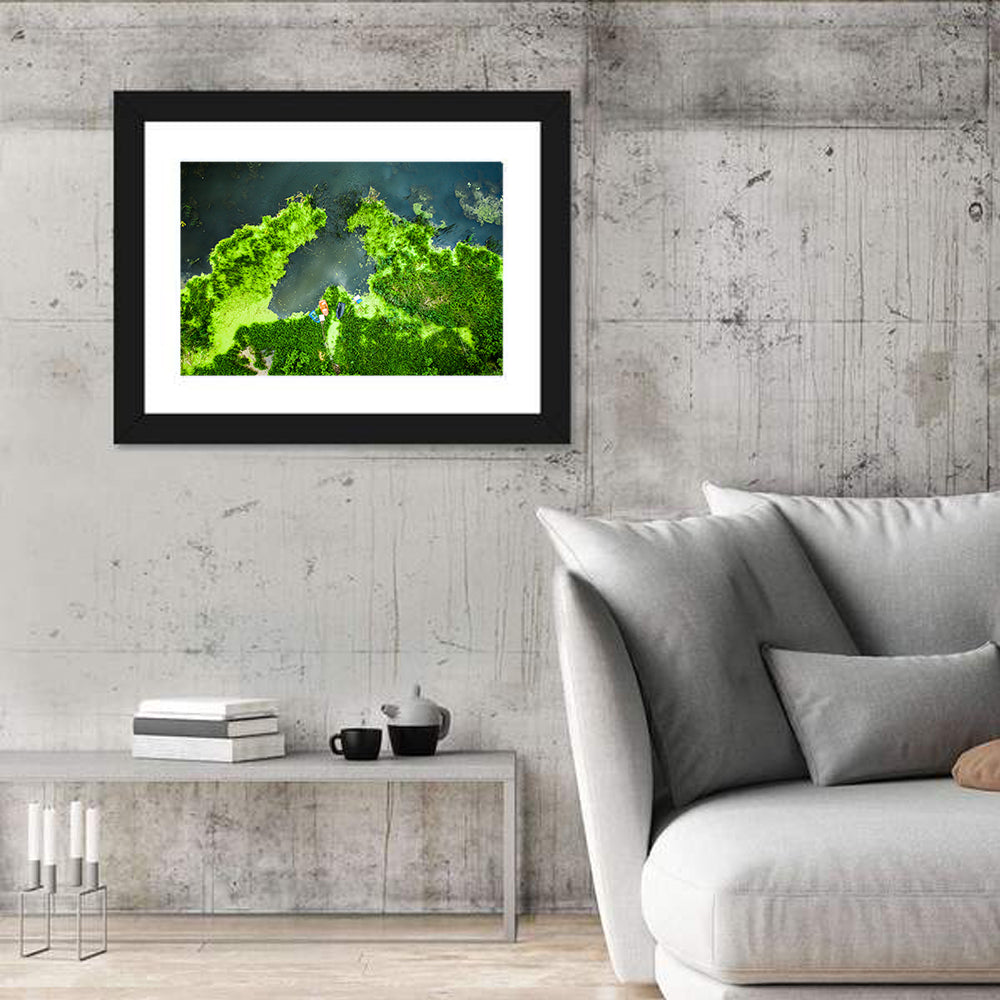 Green Algae Lake with Boats Wall Art