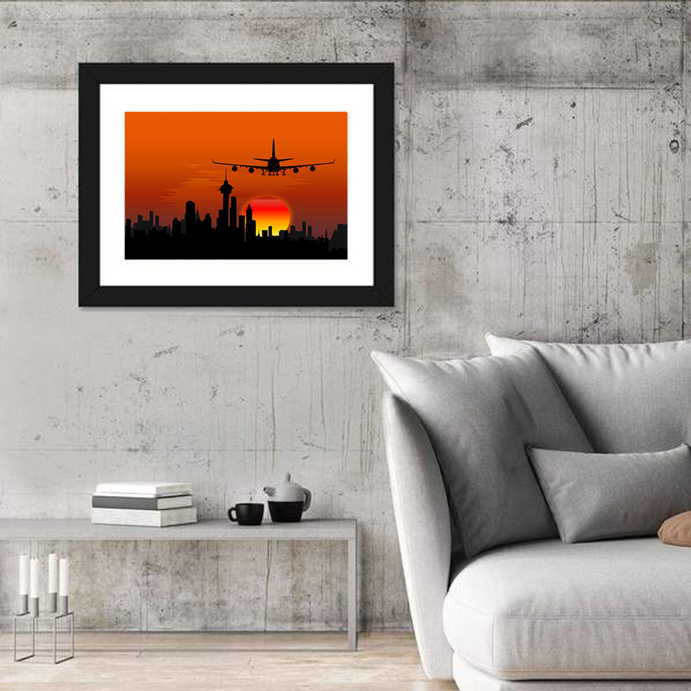Approaching Jet Over Sunset Skyline Wall Art in a room, landscape