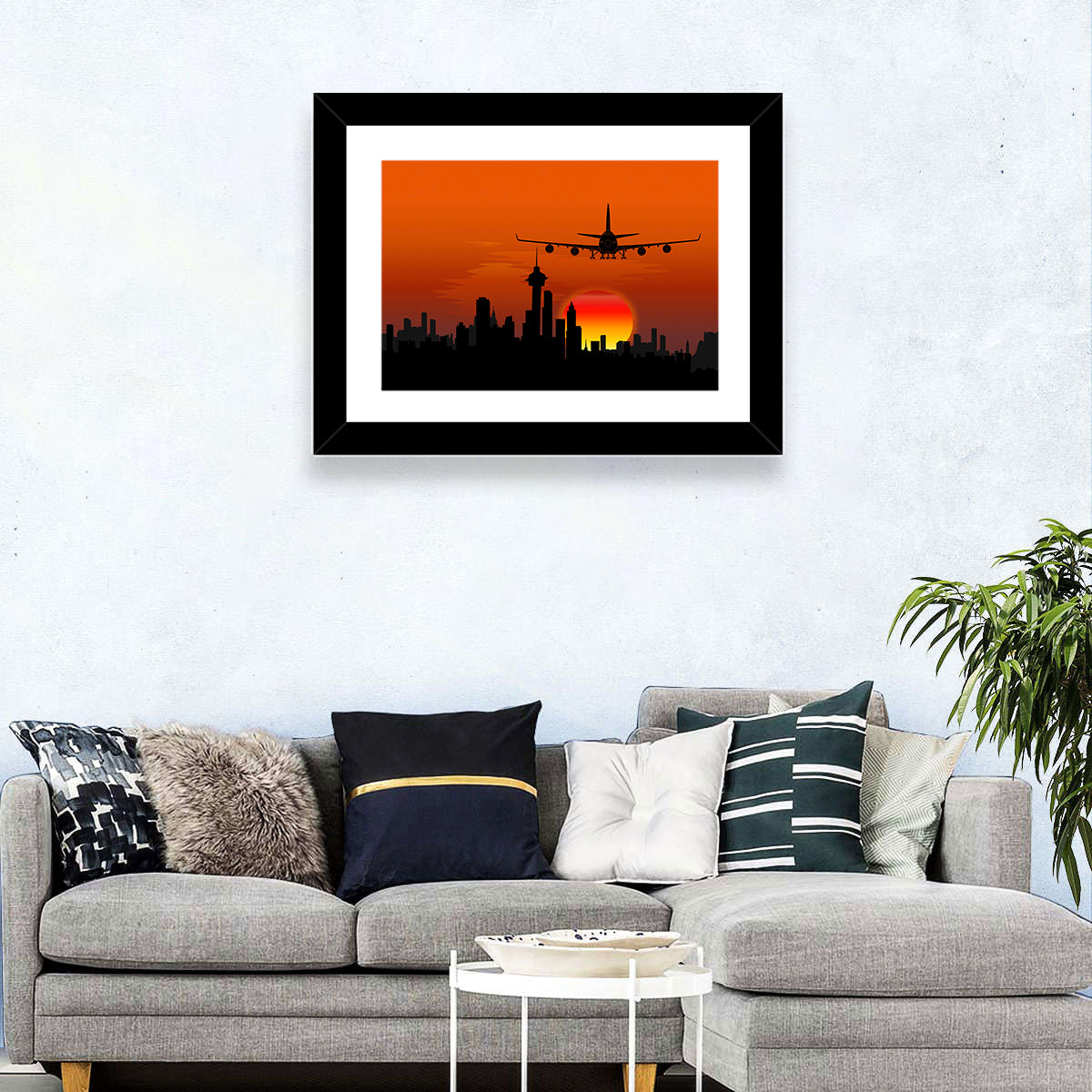 Approaching Jet Over Sunset Skyline Wall Art