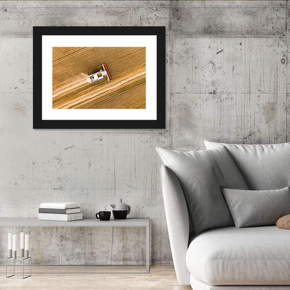 Aerial Combine Over Wheat Field Wall Art in a room, landscape