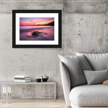 Pink Sunset Over Rock and Pier Wall Art