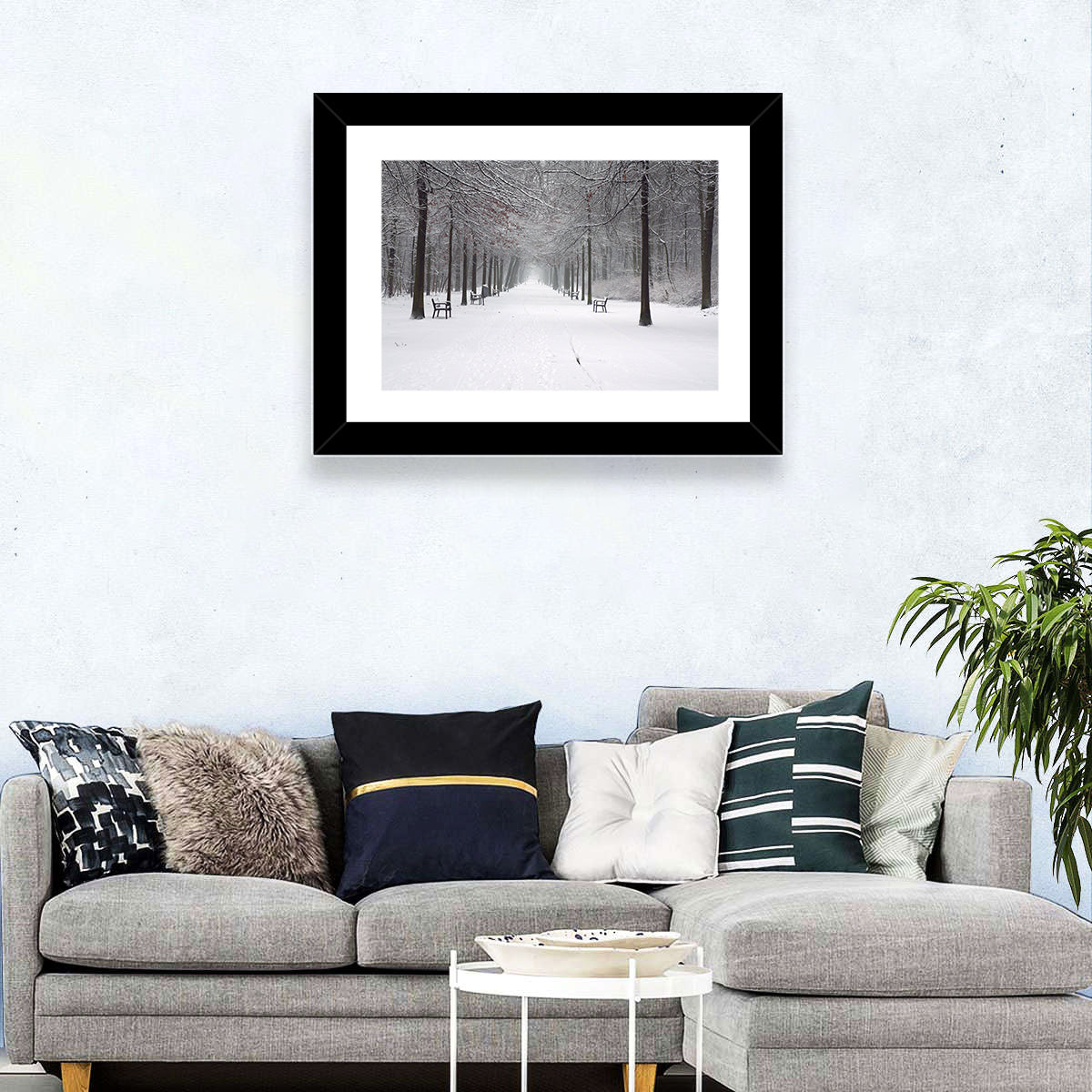 Snow Covered Park Lane Wall Art in a room, landscape