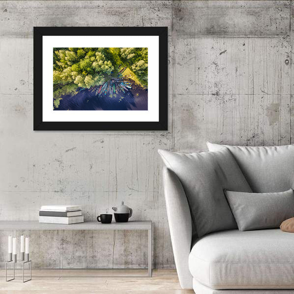 Cluster of Boats Along Forest Shore Wall Art