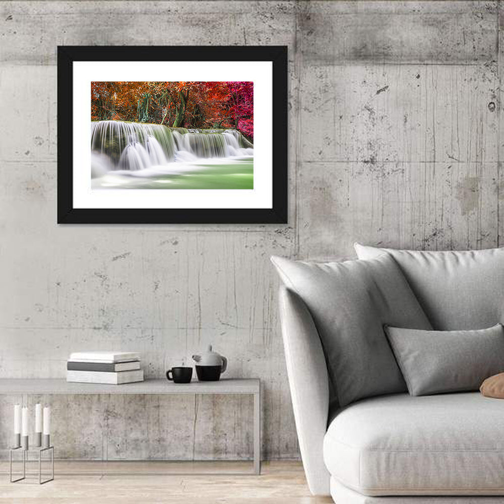 Kanchanaburi Autumn Waterfall Wall Art in a room, landscape