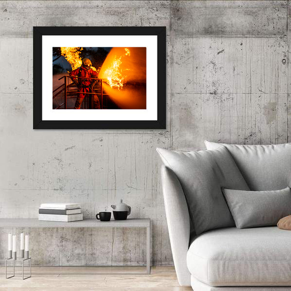 Firefighter Hose and Flame Wall Art in a room, landscape