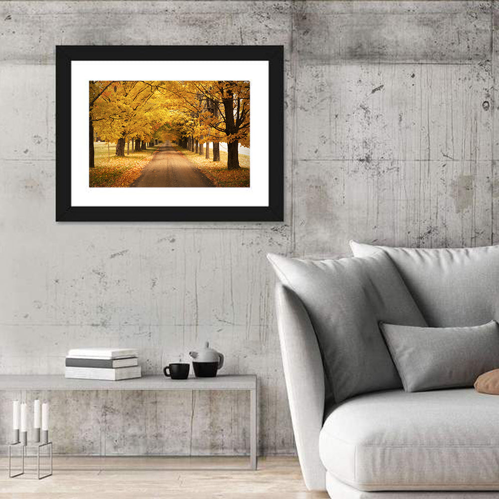 Golden Autumn Road Wall Art in a room, landscape