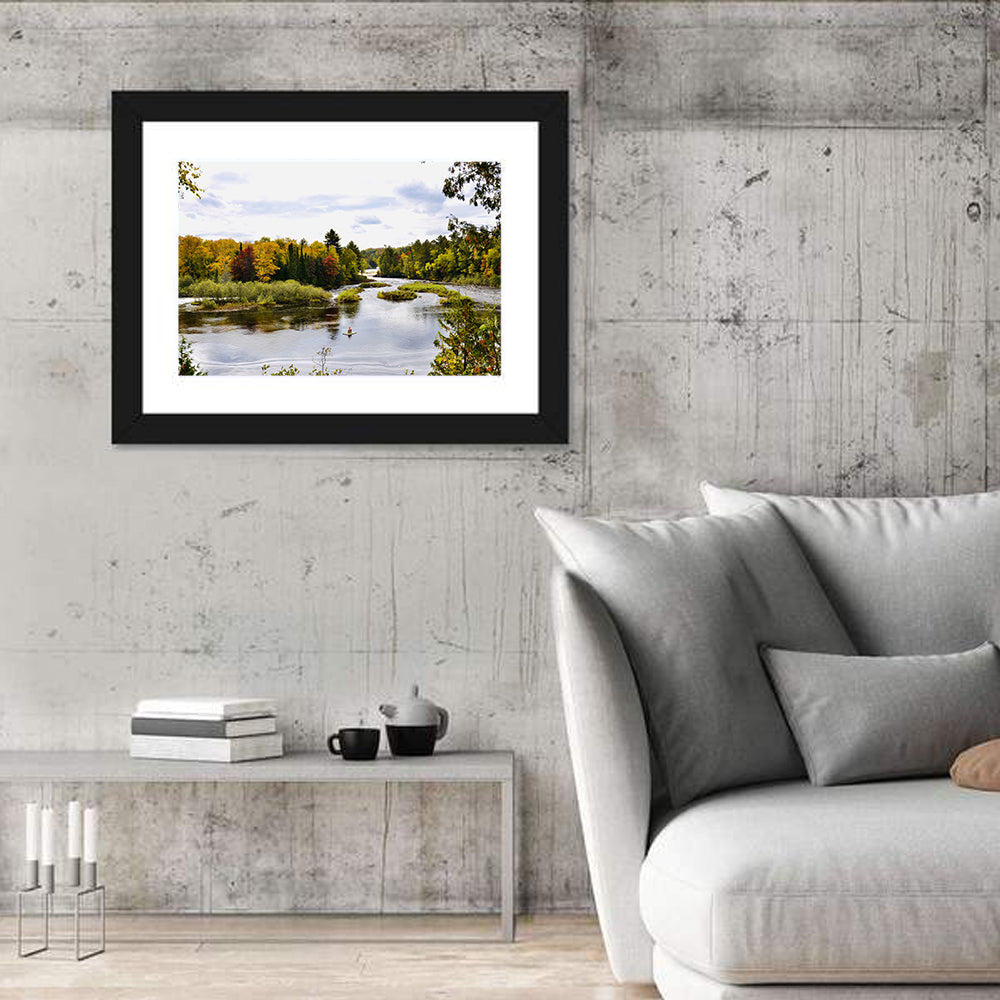 Tahquamenon River Autumn Scene Wall Art in a room, landscape