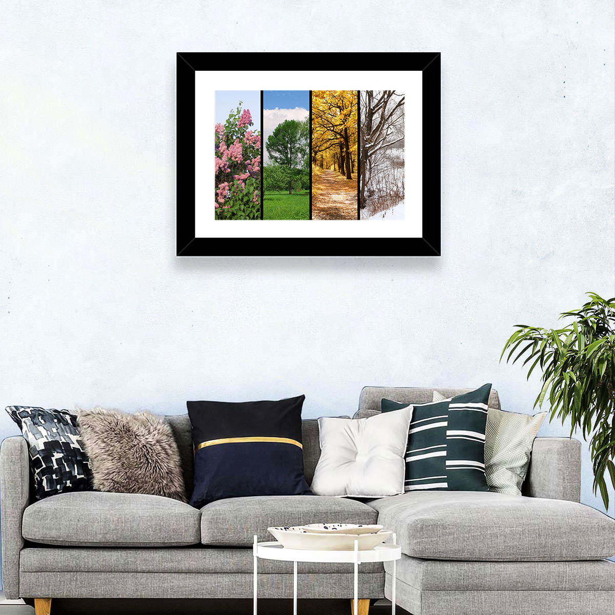 Four Seasons Tree Collage Wall Art in a room, landscape