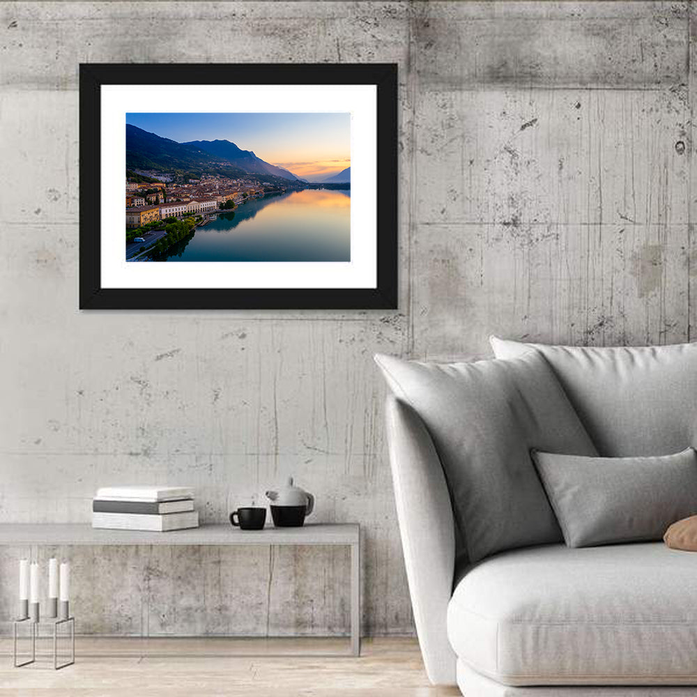 Lake Iseo Sunrise Wall Art in a room, landscape